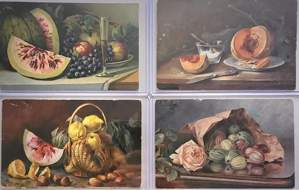 Lot Of Four Vintage Antique Postcards Decanter Fruit